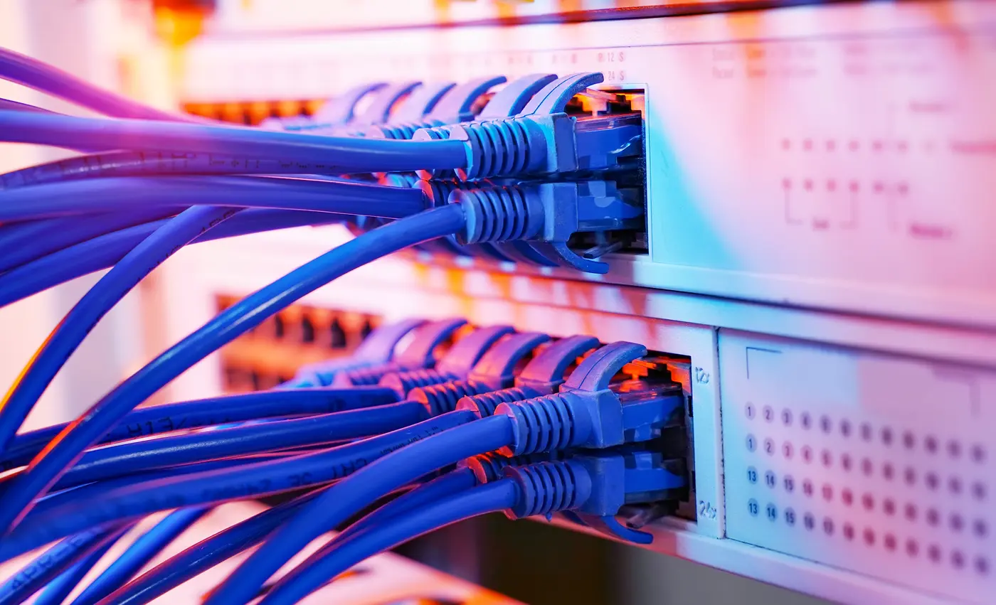 Network cables connected to switching equipment