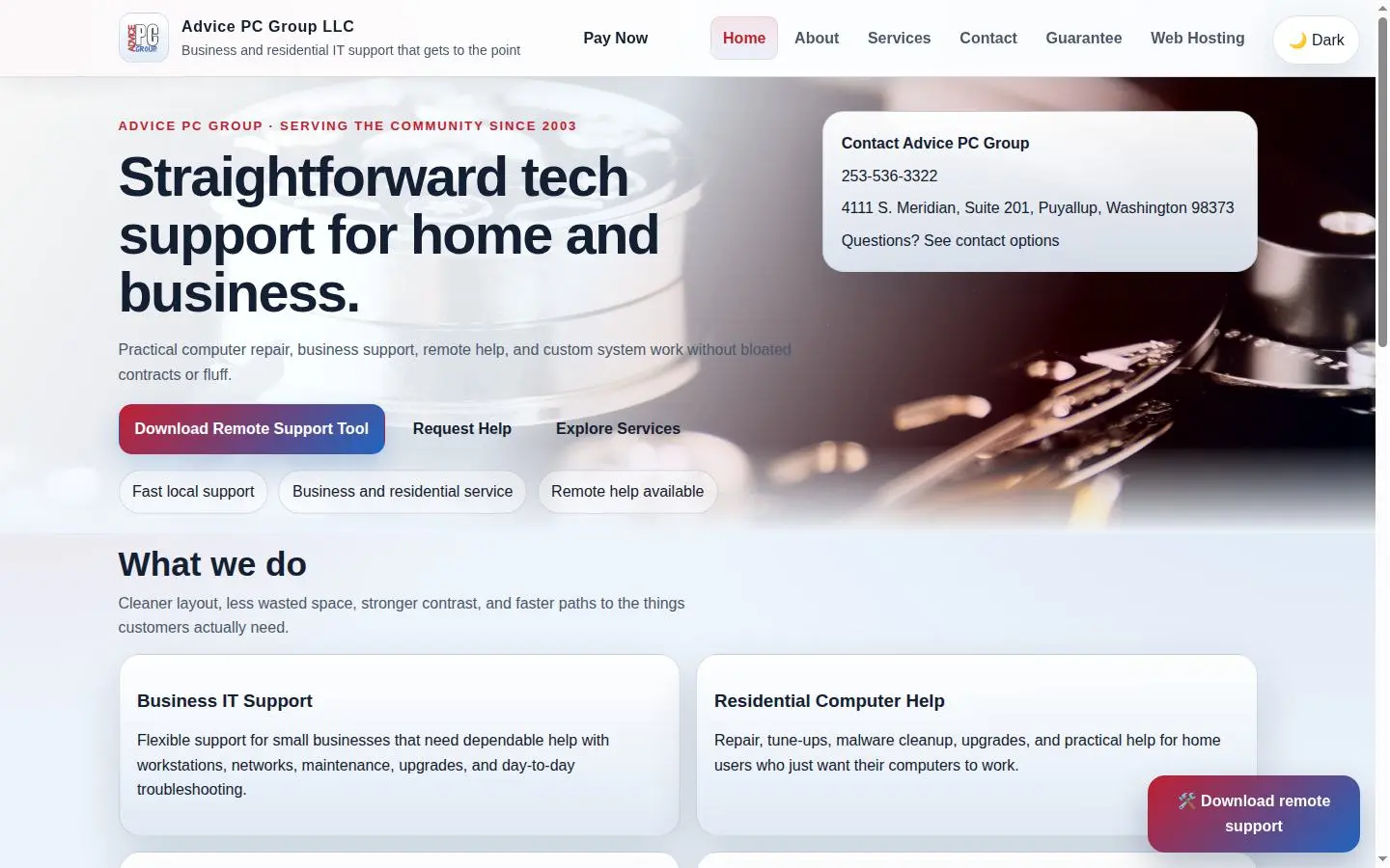 Homepage of the Advice PC Group computer support website