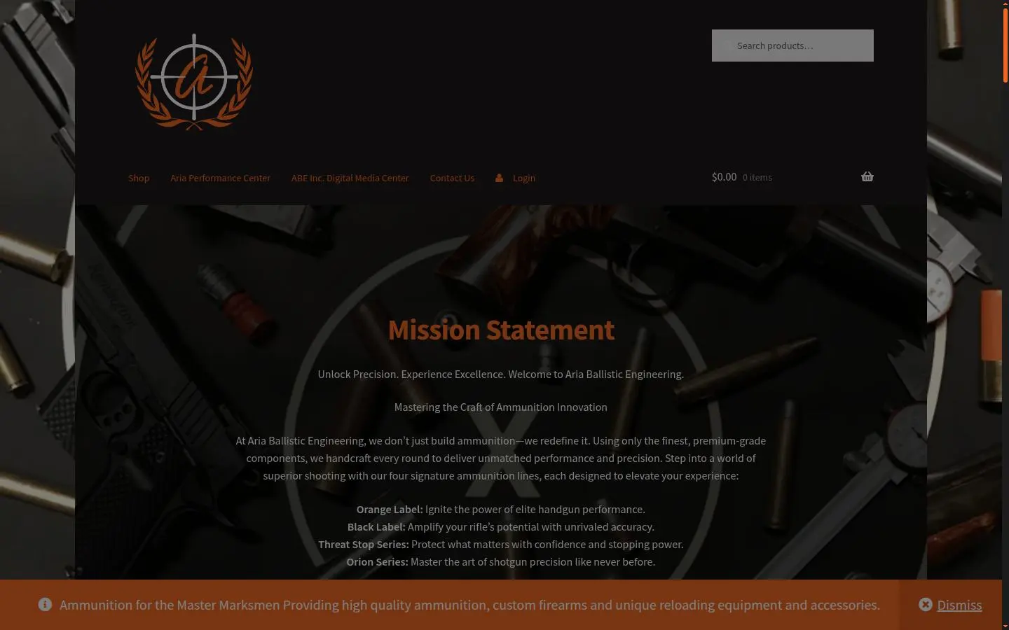 Homepage of the Aria Ballistic Engineering ecommerce website