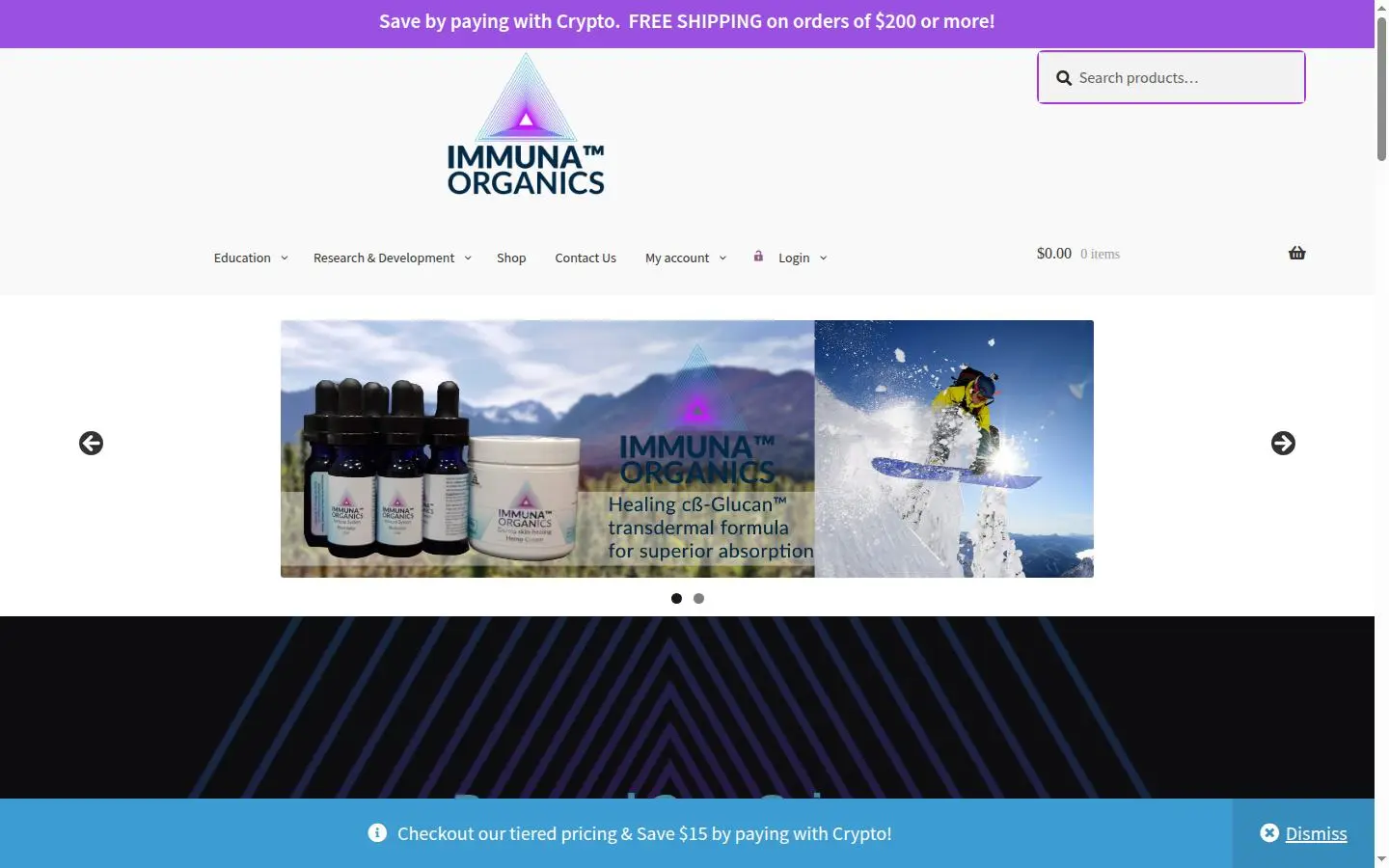 Homepage of the Immuna Organics ecommerce website