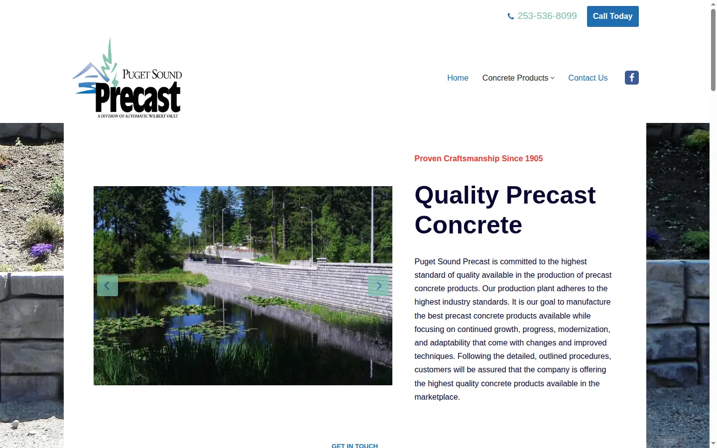 Homepage of the Puget Sound Precast concrete products website