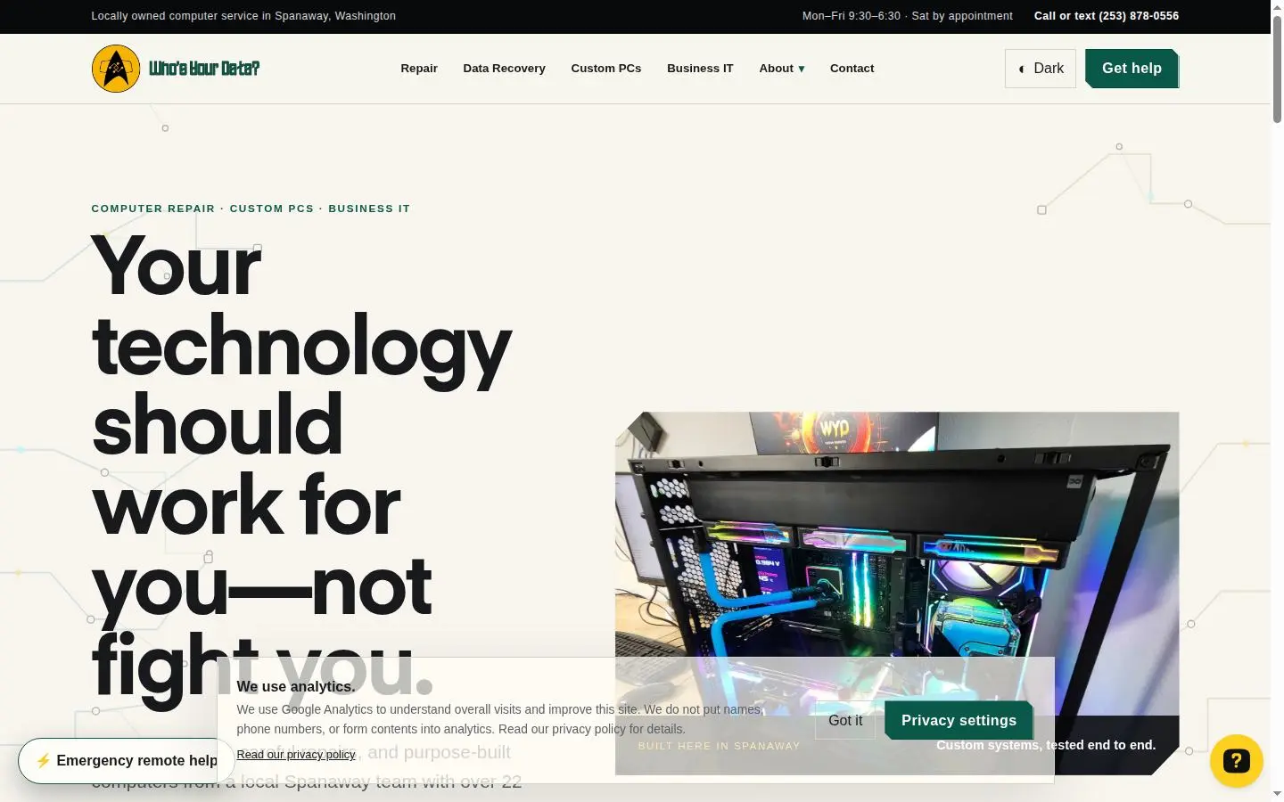 Homepage of the Who's Your Data? computer repair and custom PC website